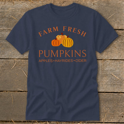 Navy t-shirt with "Farm Fresh Pumpkins" text and three pumpkins.