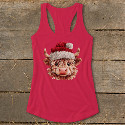 Red tank top featuring a Highland cow wearing a Santa hat.