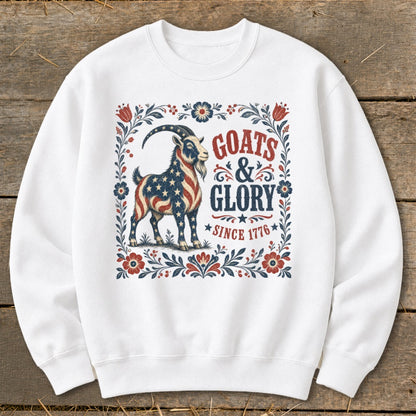 White sweatshirt with a goat in American flag colors and text "Goats & Glory Since 1776".
