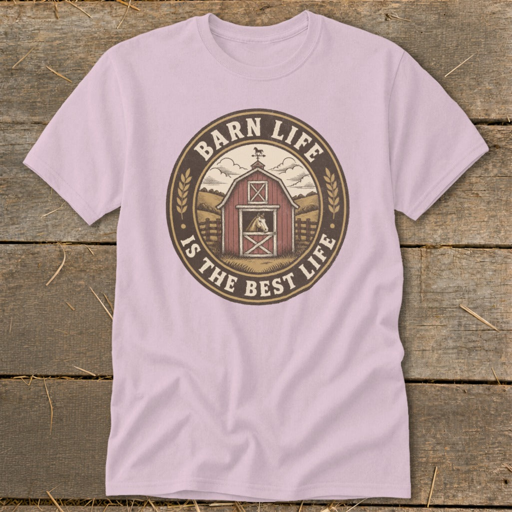Pink t-shirt with a circular graphic featuring a barn, horse, and text "Barn Life Is The Best Life."