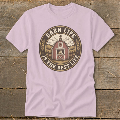 Pink t-shirt with a circular graphic featuring a barn, horse, and text "Barn Life Is The Best Life."
