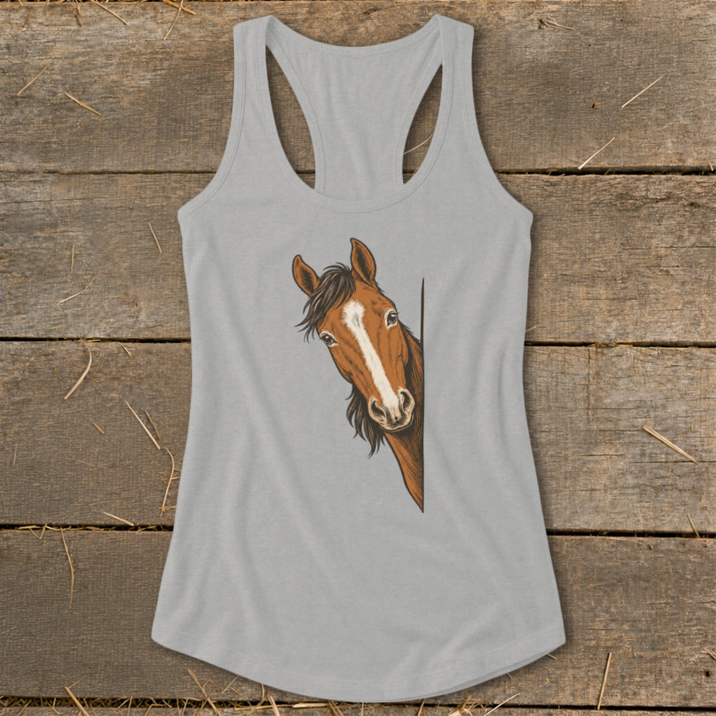 Grey tank top with a brown horse peeking from the side.