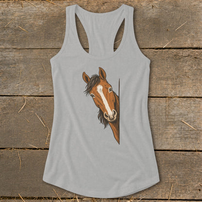 Grey tank top with a brown horse peeking from the side.