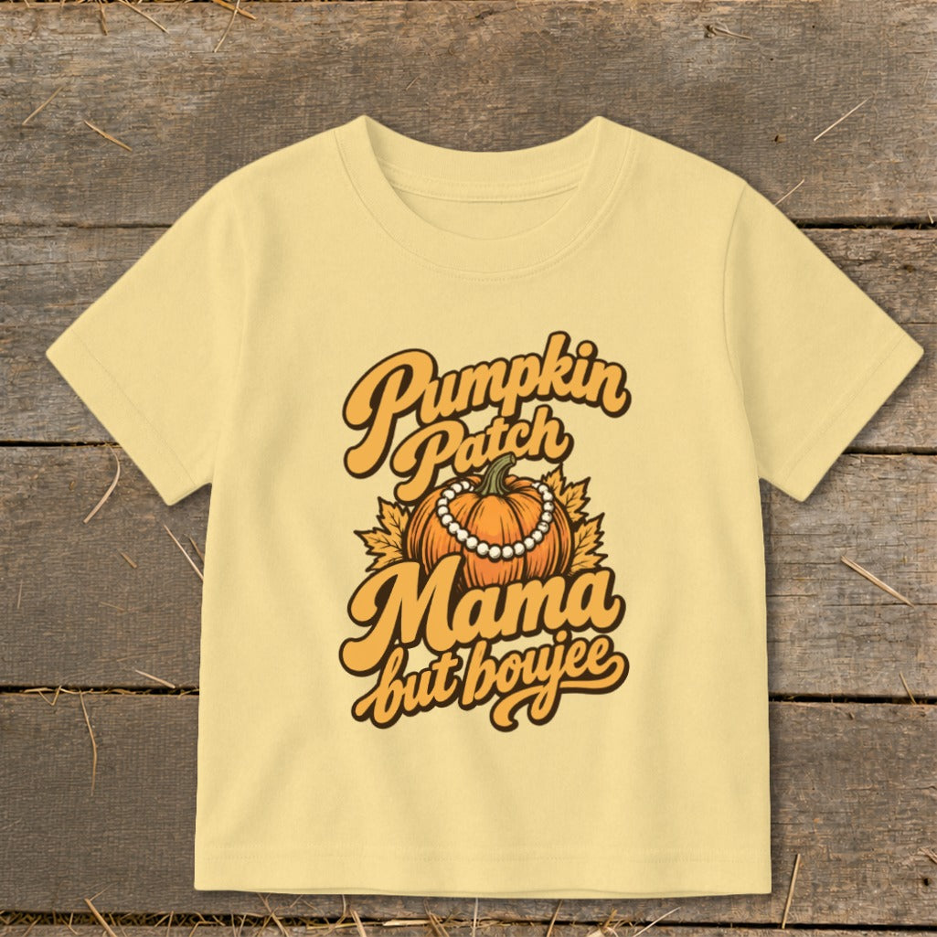 Yellow t-shirt with "Pumpkin Patch Mama but boujee" graphic and pumpkin.