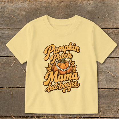Yellow t-shirt with "Pumpkin Patch Mama but boujee" graphic and pumpkin.