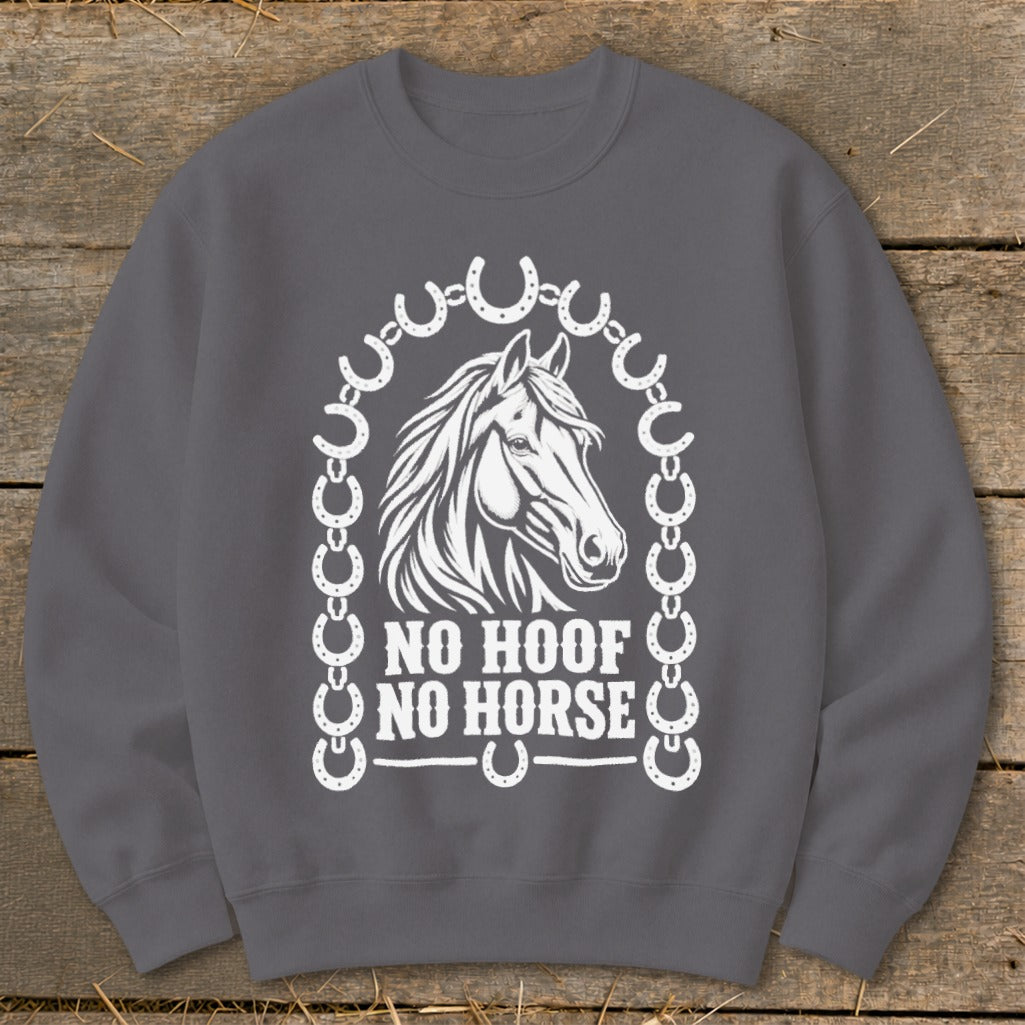 Dark grey sweatshirt with white horse graphic and text "NO HOOF NO HORSE".