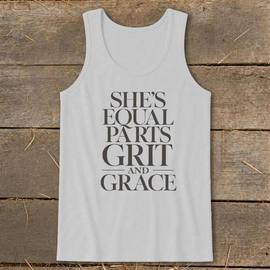 White tank top with "She's Equal Parts Grit and Grace" text in dark grey.