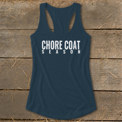 Navy tank top with white text "CHORE COAT SEASON"