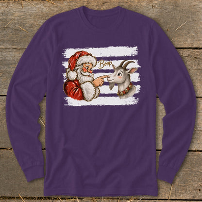 Santa booping a goat's nose with "Boop" text on a white striped background.
