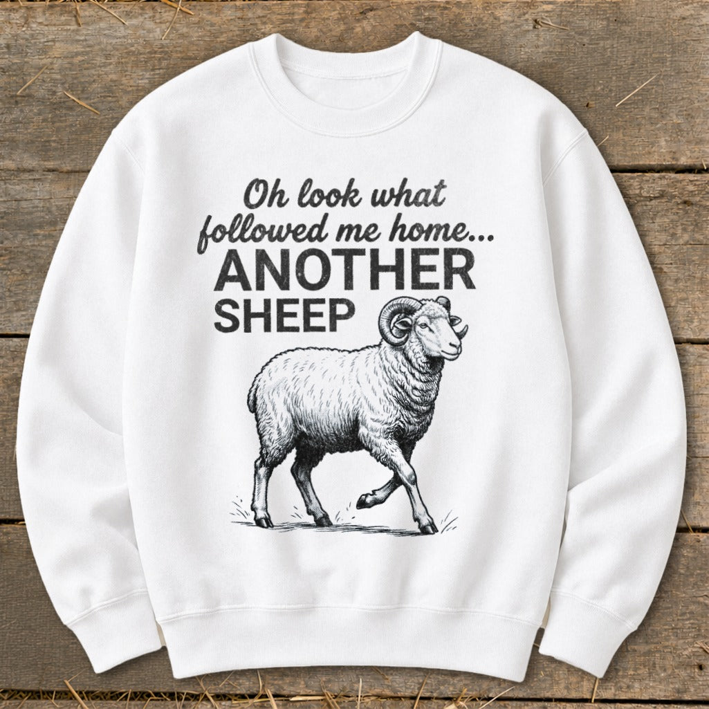 White sweatshirt with black text "Oh look what followed me home... ANOTHER SHEEP" and a drawing of a ram.