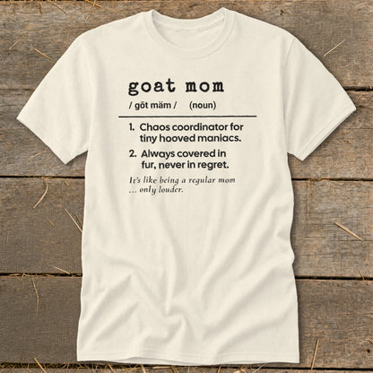 Cream t-shirt with "goat mom" definition text.