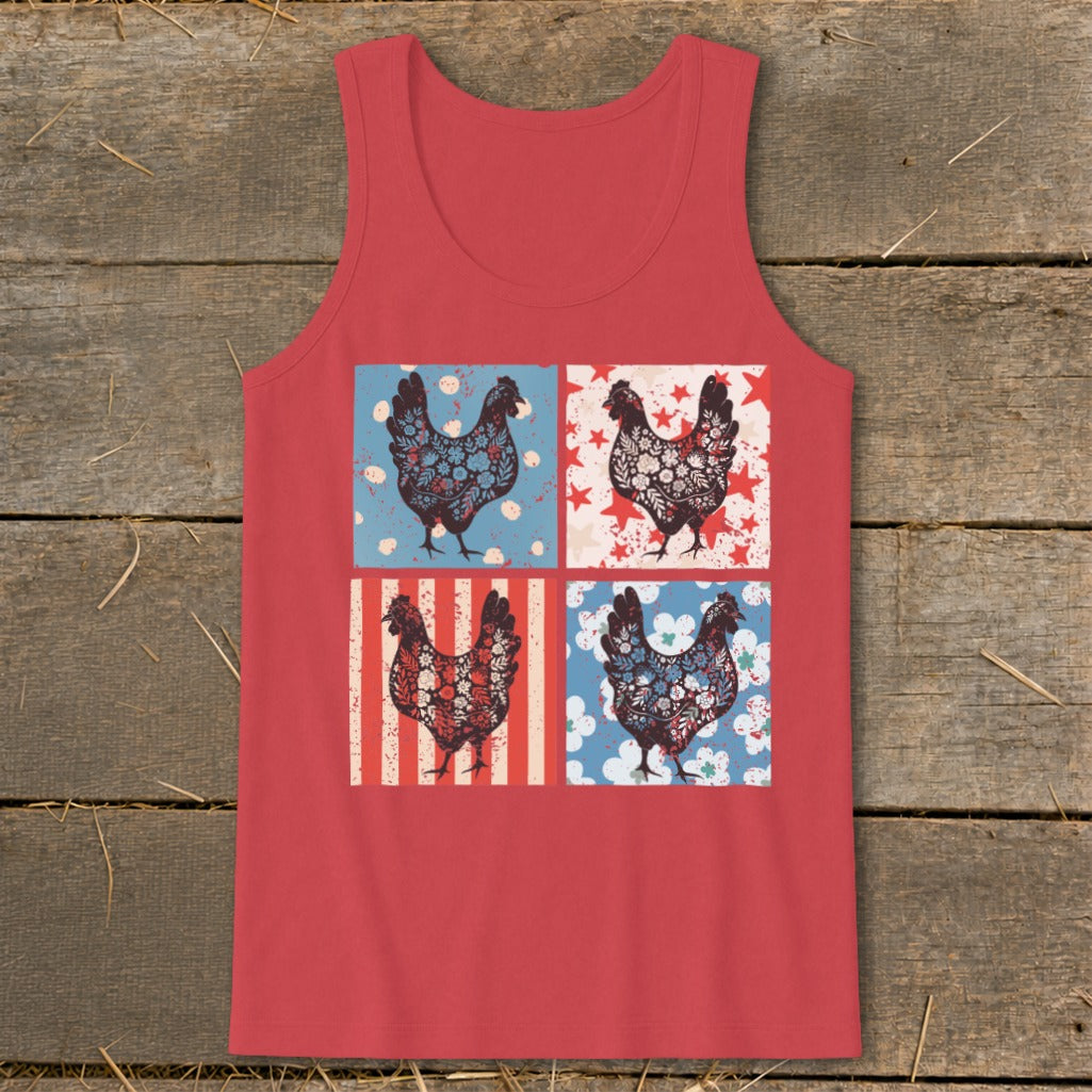 Red tank top with four squares featuring chickens in patriotic floral patterns.
