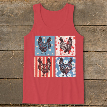 Red tank top with four squares featuring chickens in patriotic floral patterns.