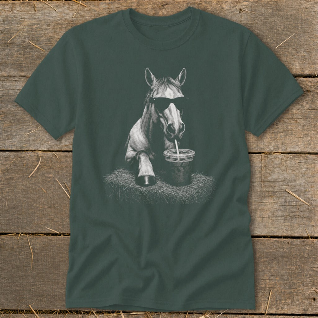 Horse wearing sunglasses and drinking from a straw in a cup.