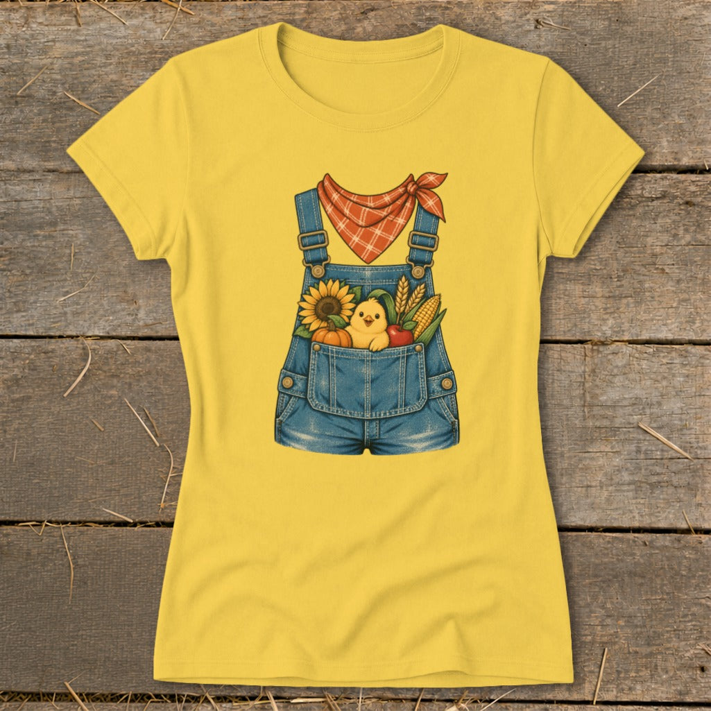 Yellow t-shirt with denim overalls graphic featuring a chick, sunflower, pumpkin, corn, and apple.