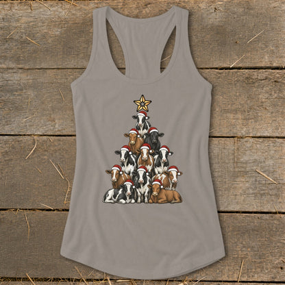 Cow Christmas tree graphic with Santa hats and a star on a tank top.