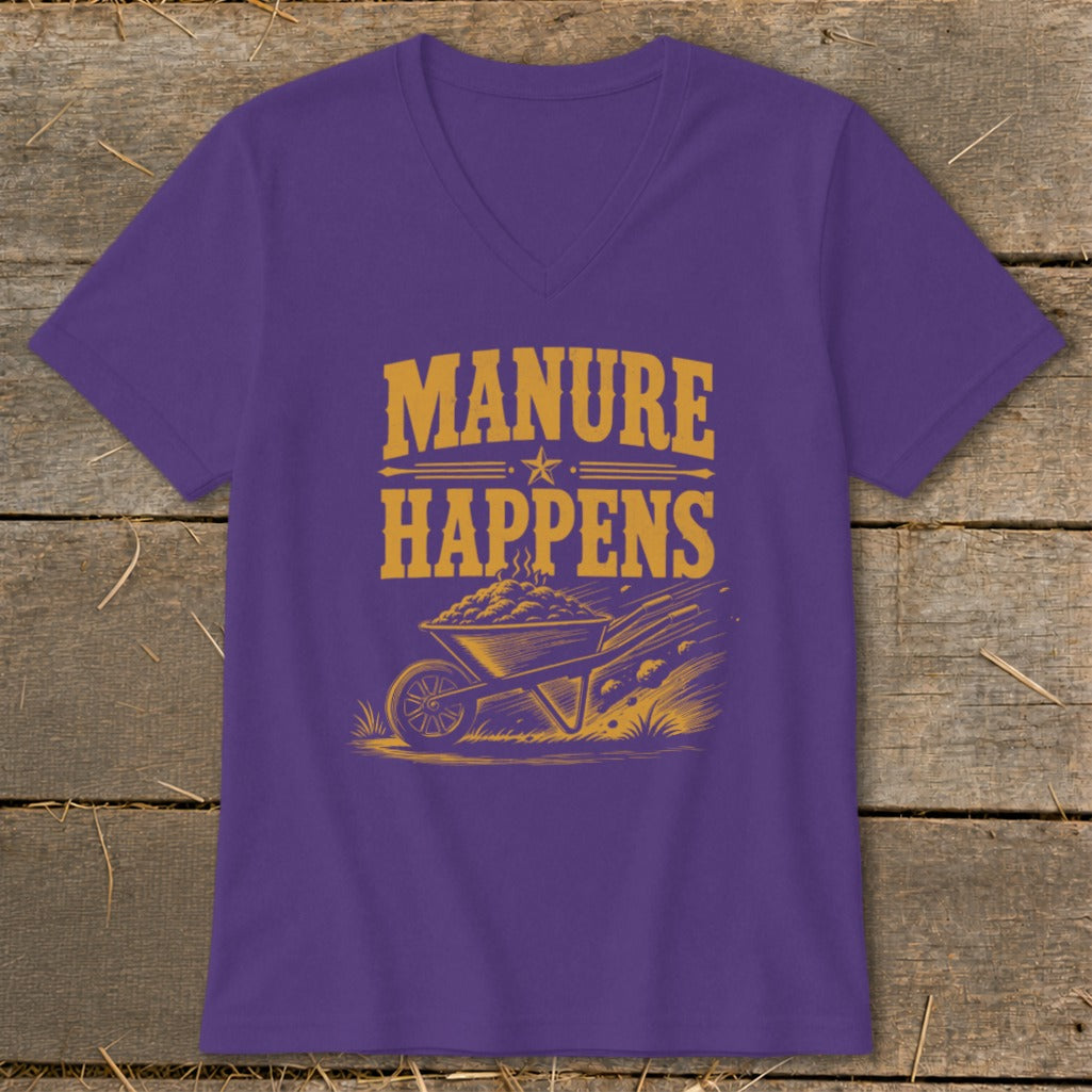 Purple t-shirt with yellow graphic text "MANURE HAPPENS" and a wheelbarrow.