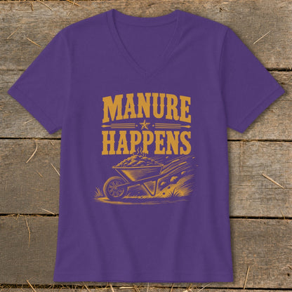 Purple t-shirt with yellow graphic text "MANURE HAPPENS" and a wheelbarrow.