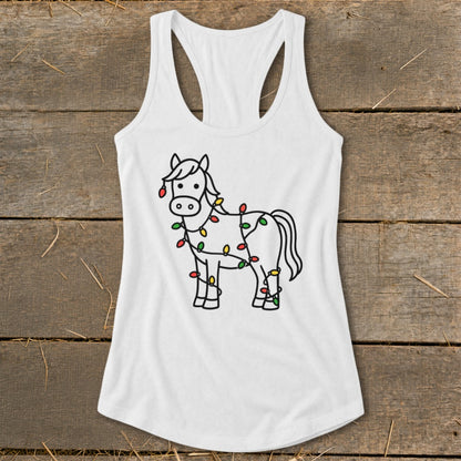 White tank top with a black outline drawing of a horse wrapped in colorful Christmas lights.