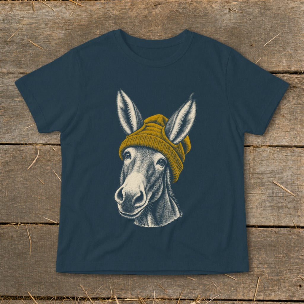 Donkey wearing a yellow beanie on a navy blue t-shirt.