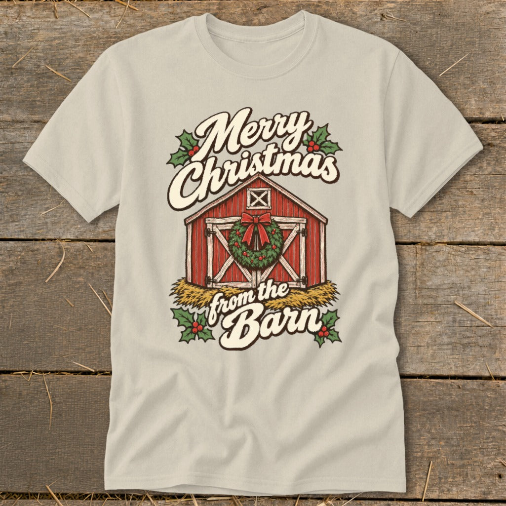 Light grey t-shirt with "Merry Christmas from the Barn" text and a red barn graphic.