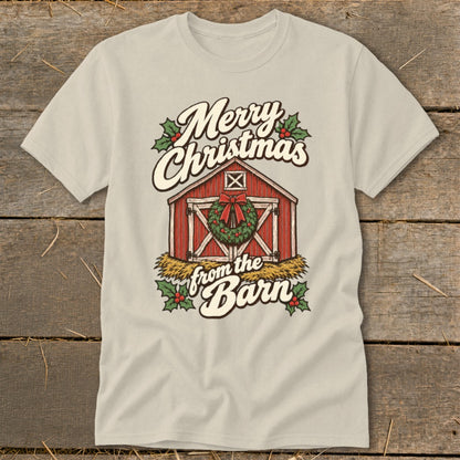 Light grey t-shirt with "Merry Christmas from the Barn" text and a red barn graphic.