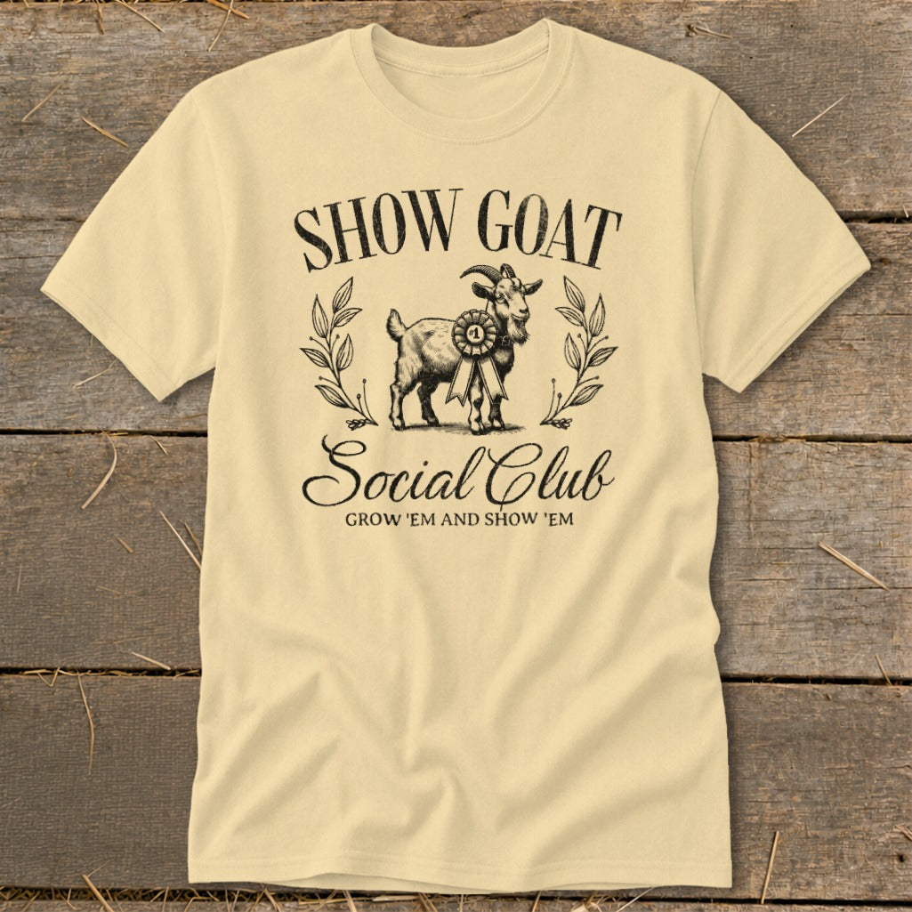 Light yellow t-shirt with "SHOW GOAT Social Club" text and a goat graphic.