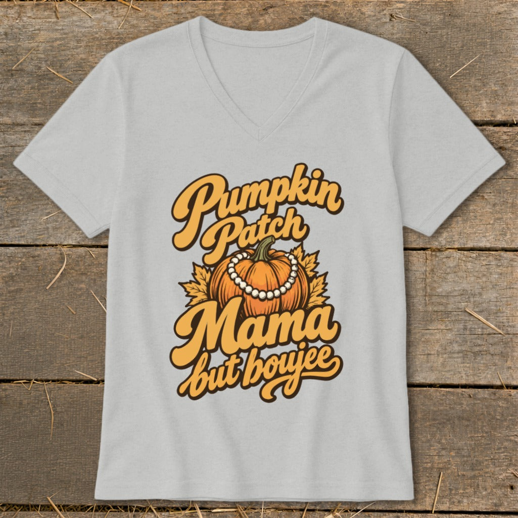 Gray t-shirt with "Pumpkin Patch Mama but boujee" text and pumpkin graphic.