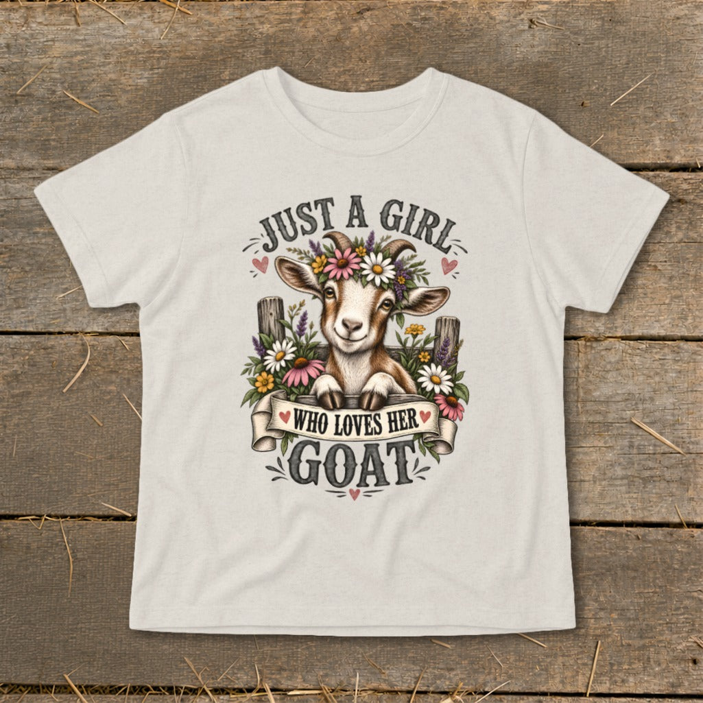 T-shirt with graphic of a goat wearing flowers and text "Just a girl who loves her goat".