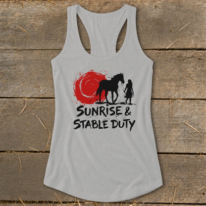Grey tank top with black silhouette of a horse and rider against a red sun, text "Sunrise & Stable Duty".