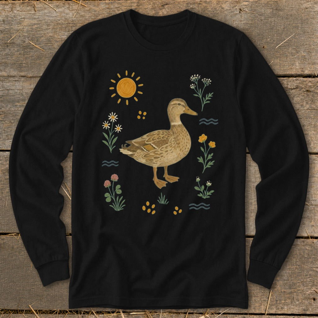 Black long sleeve shirt with a brown duck and floral illustrated graphic.