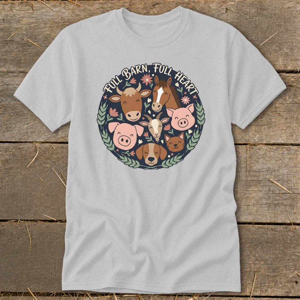 Gray t-shirt with "Full Barn, Full Heart" and a circular graphic of farm animal faces.