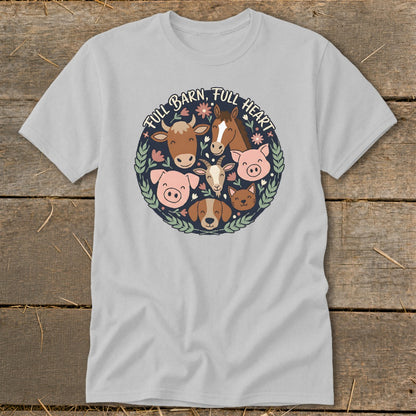 Gray t-shirt with "Full Barn, Full Heart" and a circular graphic of farm animal faces.