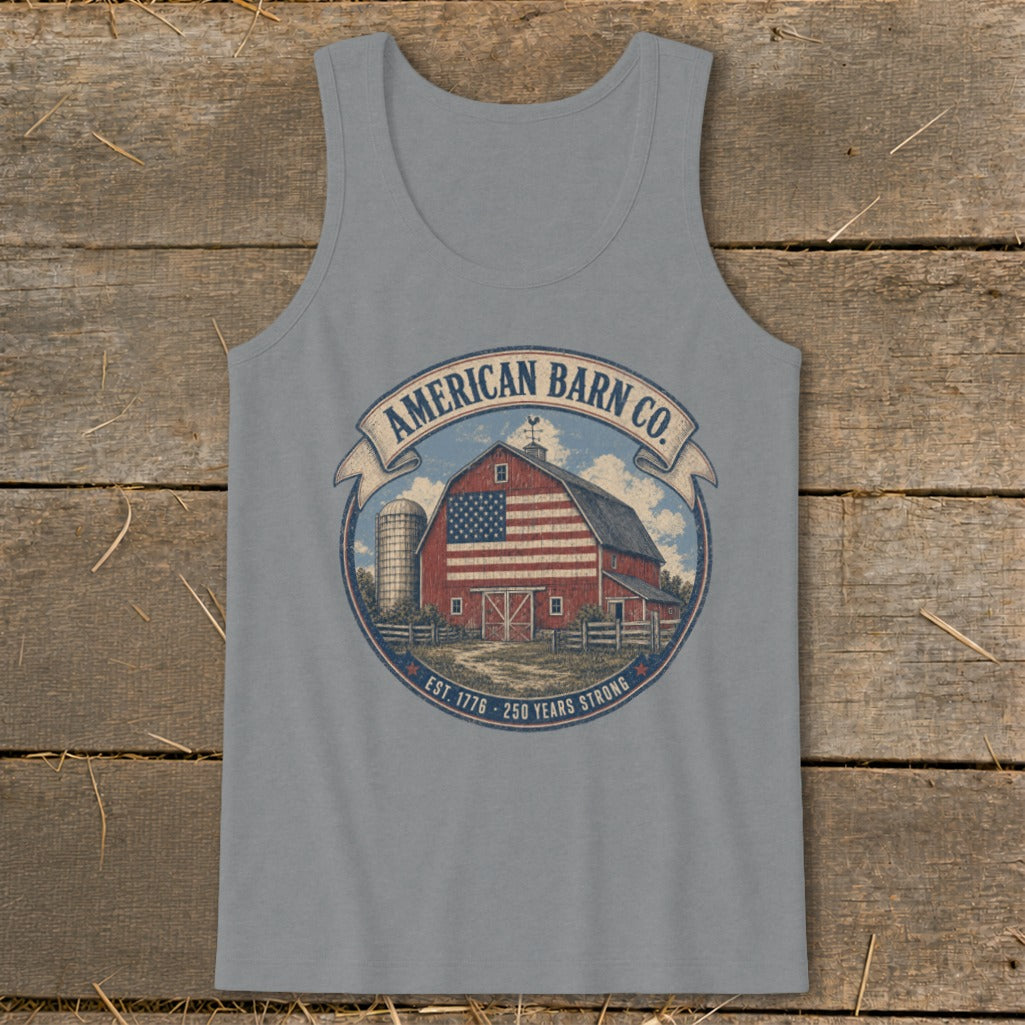 Graphic with red barn, silo, American flag, and text "American Barn Co."
