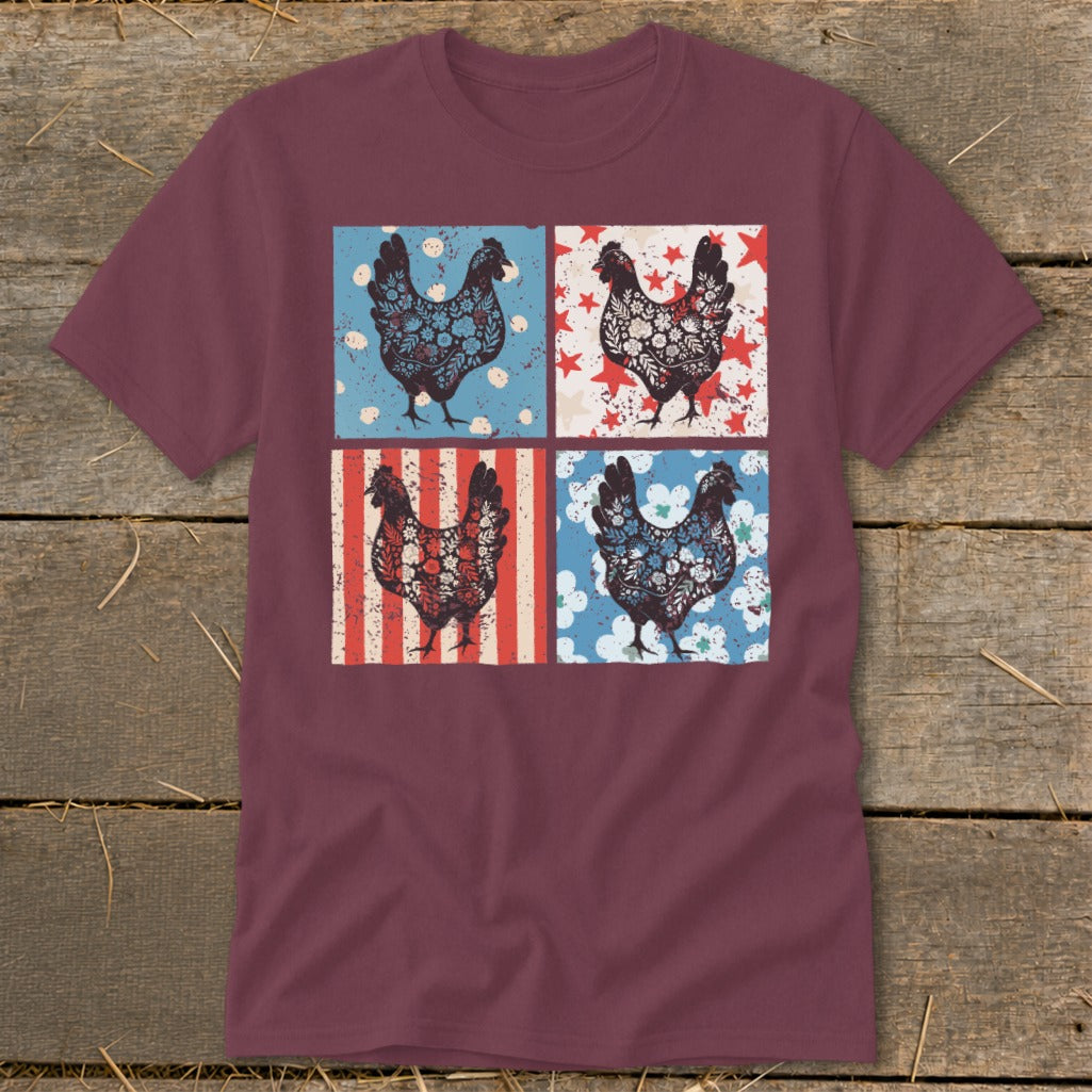 Maroon t-shirt with a four-panel design of chickens in patriotic patterns.