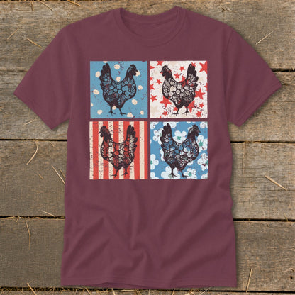 Maroon t-shirt with a four-panel design of chickens in patriotic patterns.