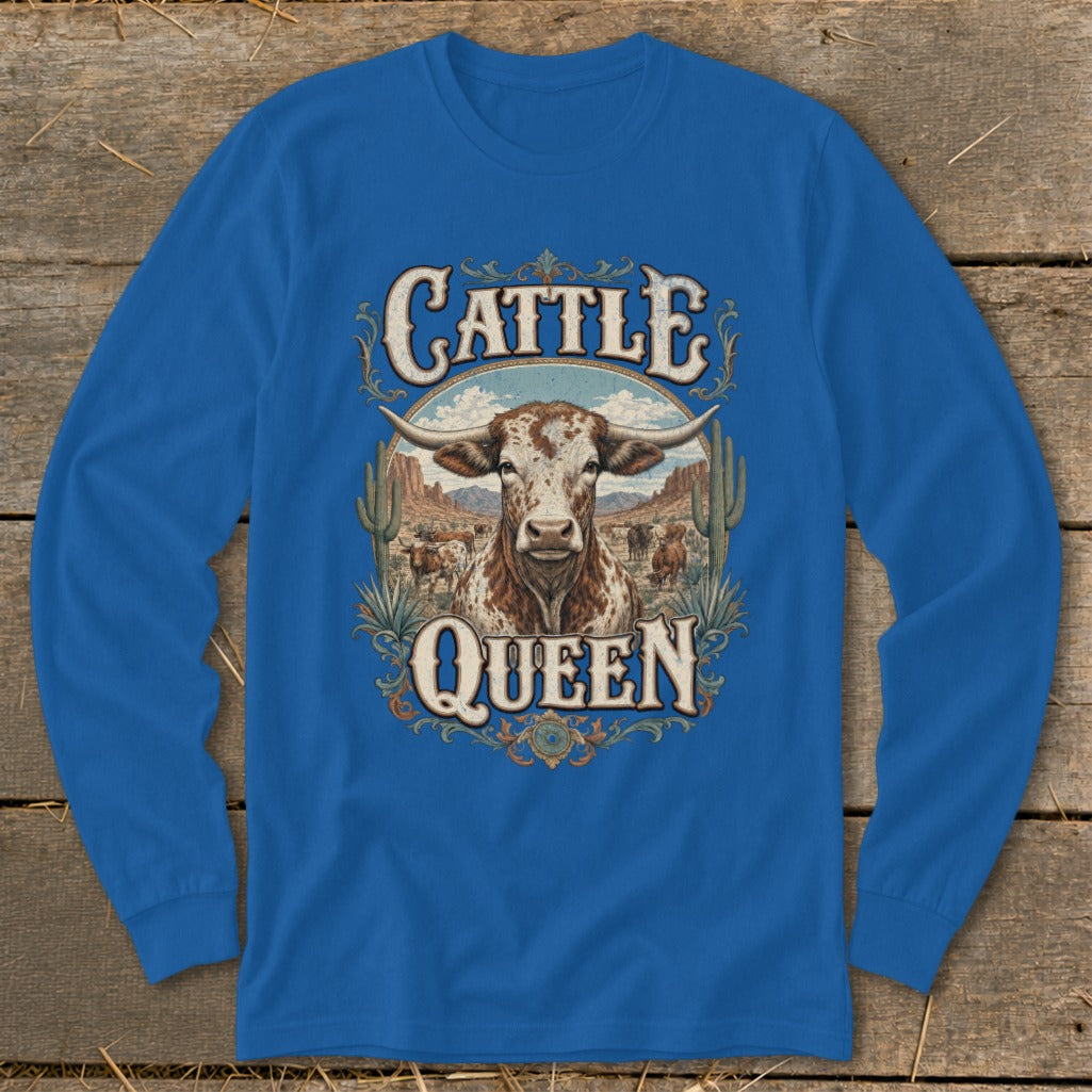 Blue long-sleeve shirt with "Cattle Queen" text and longhorn steer graphic.