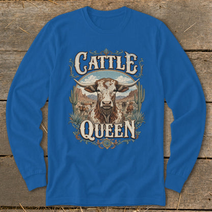 Blue long-sleeve shirt with "Cattle Queen" text and longhorn steer graphic.