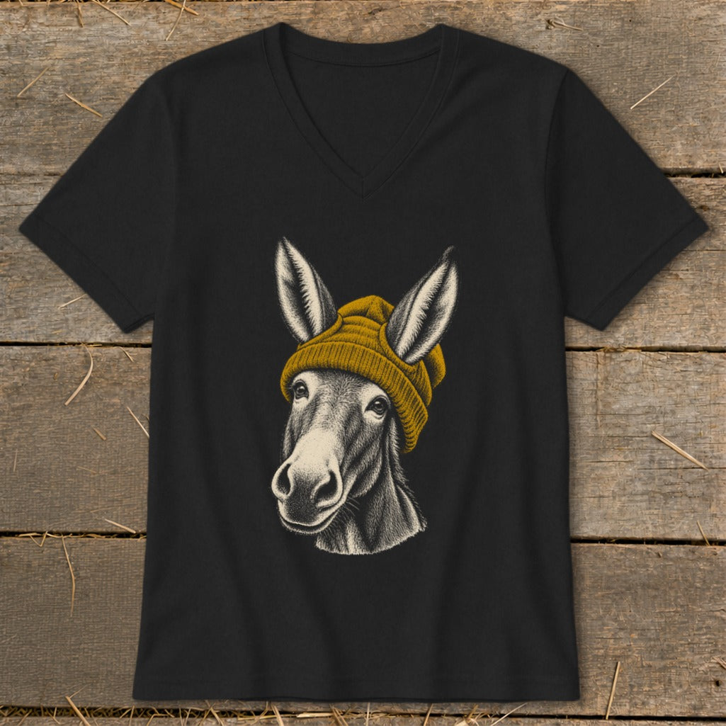 Black v-neck t-shirt featuring a sketch of a donkey wearing a yellow beanie.