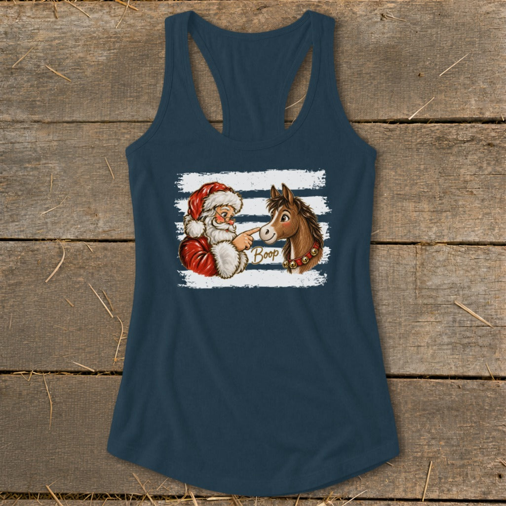 Santa booping a horse with the word "Boop" on a graphic with white stripes.
