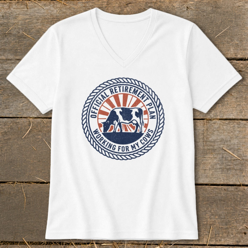 White t-shirt with "Official Retirement Plan Working for My Cows" circular graphic.