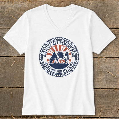 White t-shirt with "Official Retirement Plan Working for My Cows" circular graphic.