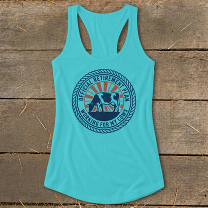 Turquoise tank top with a circular graphic of a cow grazing, text reads "Official Retirement Plan Working for My Cows".
