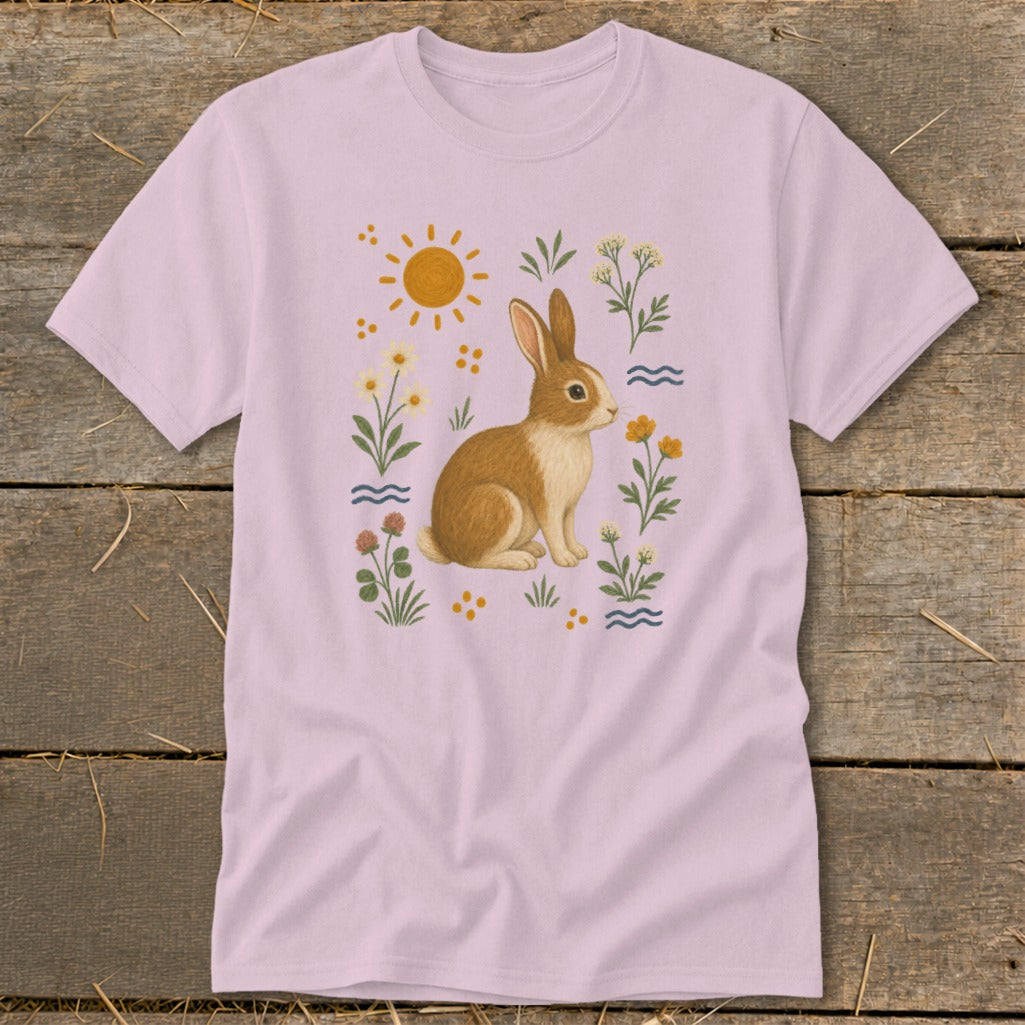 Pink t-shirt with a watercolor illustration of a brown rabbit surrounded by flowers and a sun.