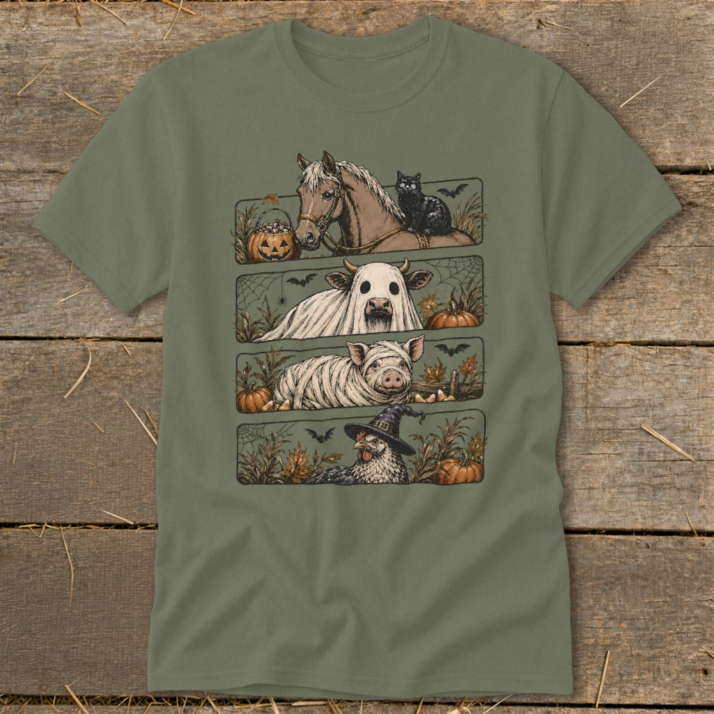 Halloween farm animals: horse with cat, cow as ghost, pig in mummy wraps, chicken in witch hat.