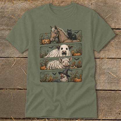 Halloween farm animals: horse with cat, cow as ghost, pig in mummy wraps, chicken in witch hat.