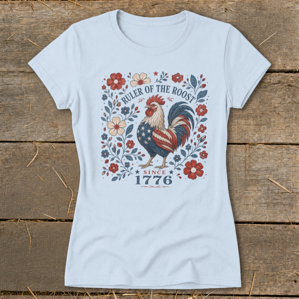 Light blue t-shirt with patriotic rooster graphic and "Ruler of the Roost Since 1776" text.