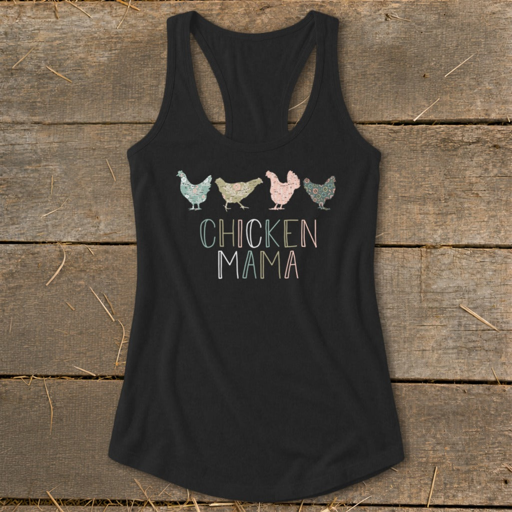 Black tank top with "CHICKEN MAMA" text and four patterned chickens.