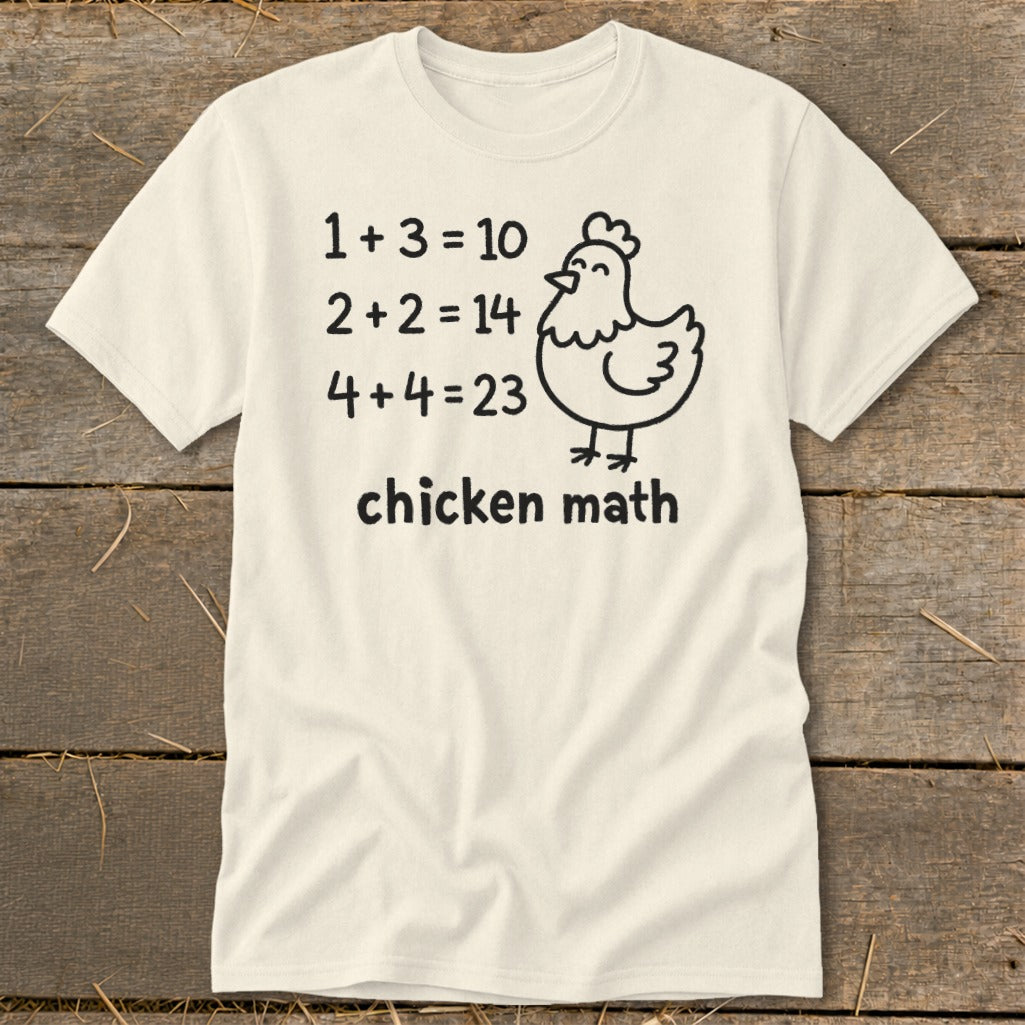 Cream t-shirt with "chicken math" and humorous math equations next to a chicken drawing.