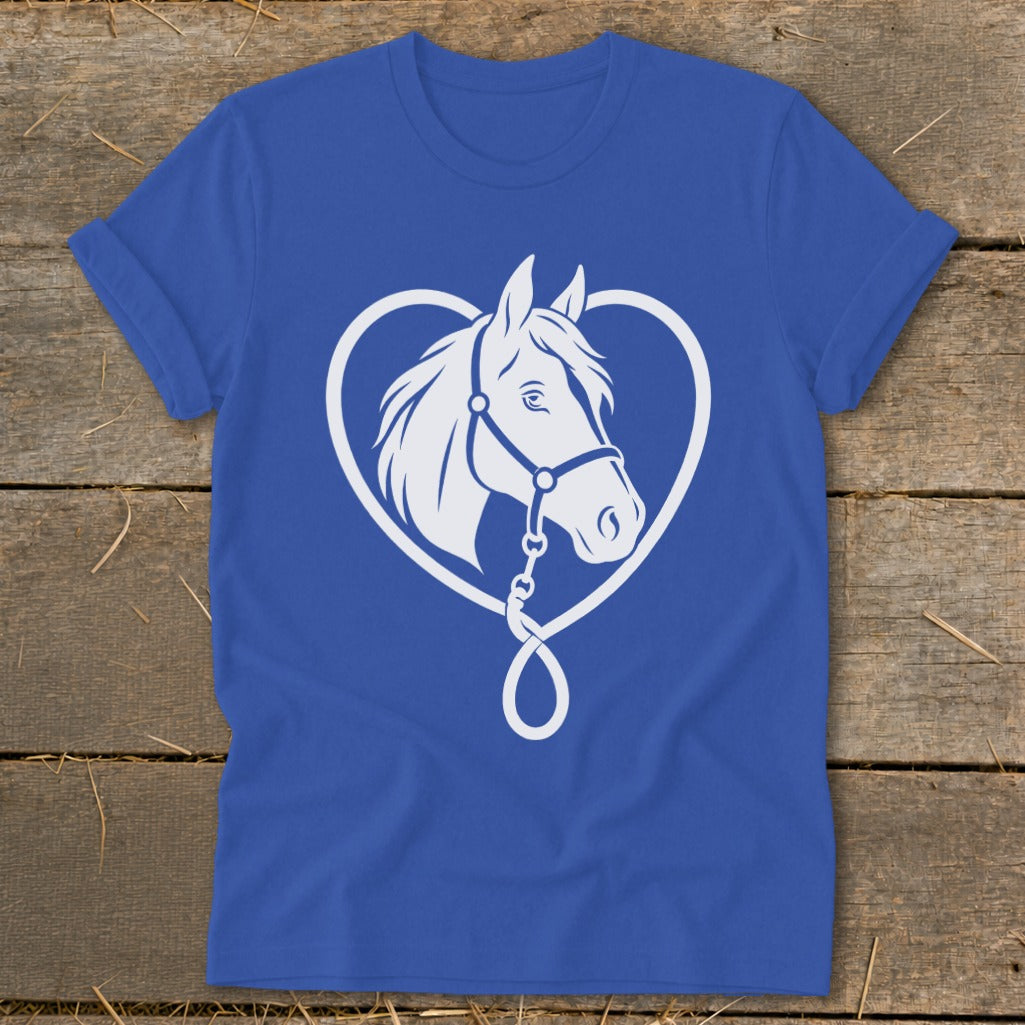 A blue short-sleeved t-shirt featuring a white graphic of a horse framed by a heart shape.
